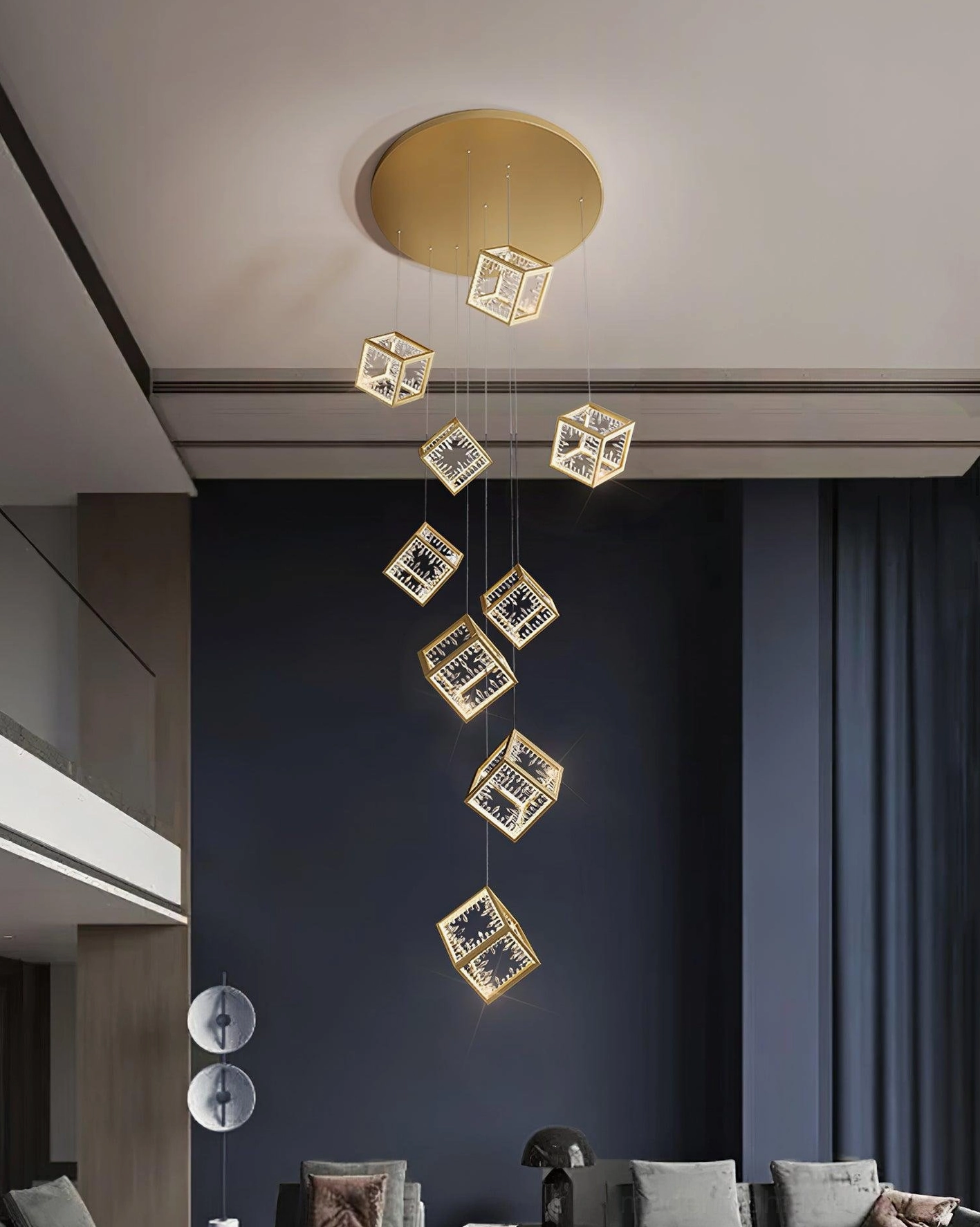 9-head size configuration gold cubic chandelier demonstrating medium-scale lighting solution