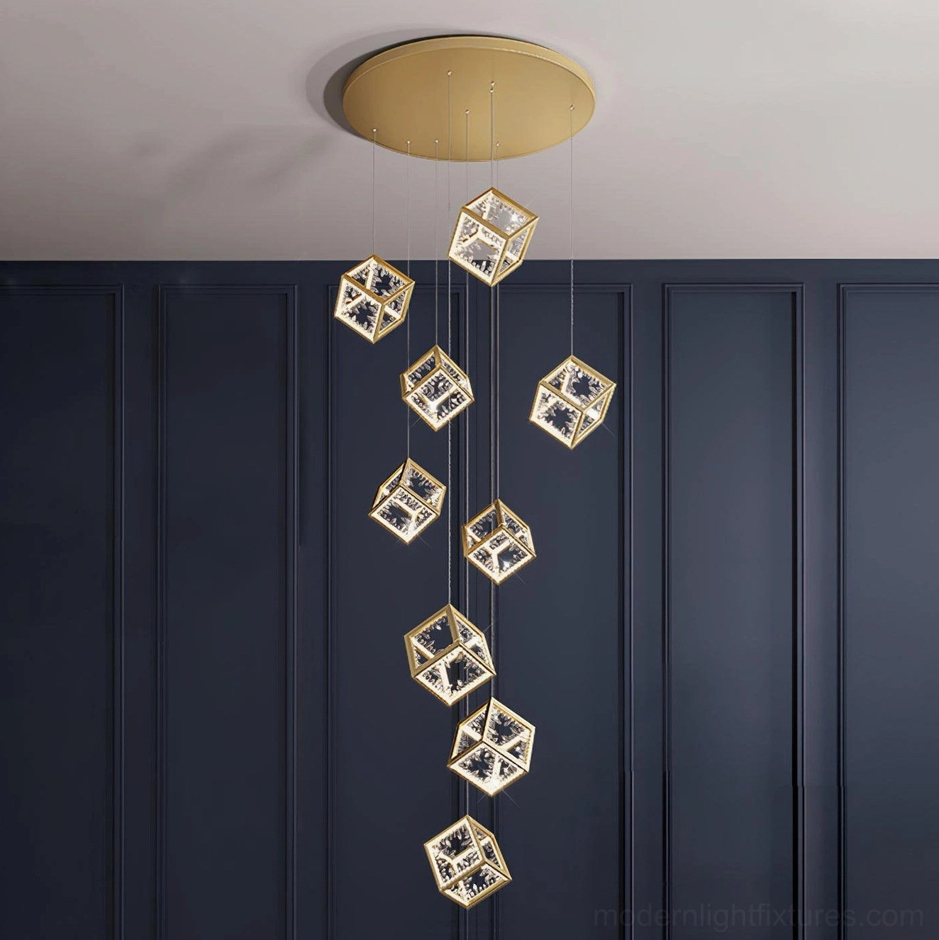 9-head gold cubic pendant chandelier installed showing balanced proportions and elegant ambiance