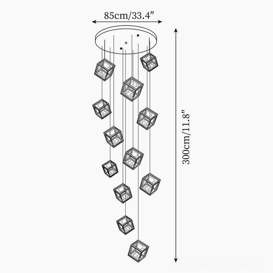 9-head gold cubic chandelier technical specification diagram showing dimensions and configuration