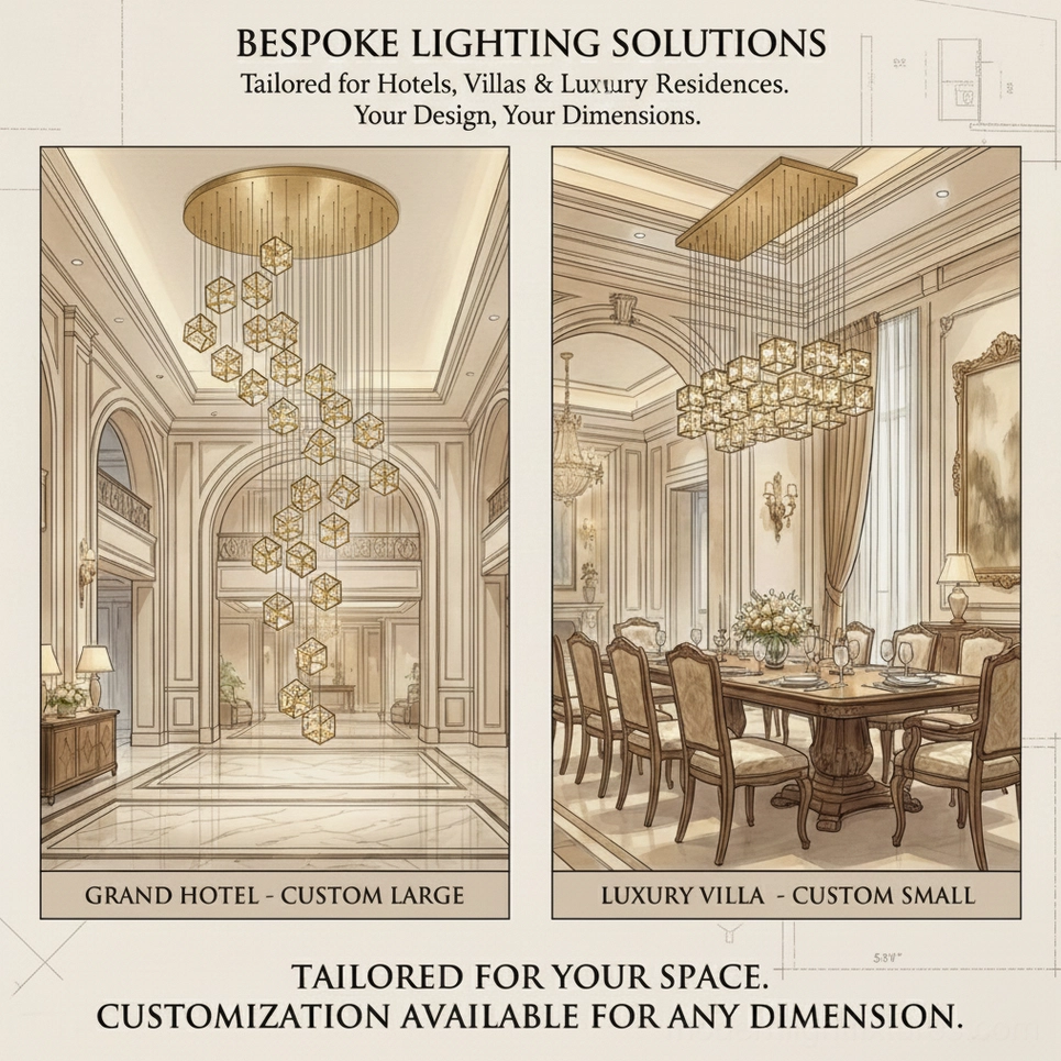 Customizable gold cubic chandelier design consultation preview for bespoke specifications
