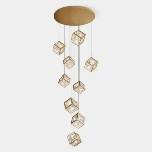 Gold cubic chandelier overhead studio view showcasing geometric cube arrangement and pristine gold finish