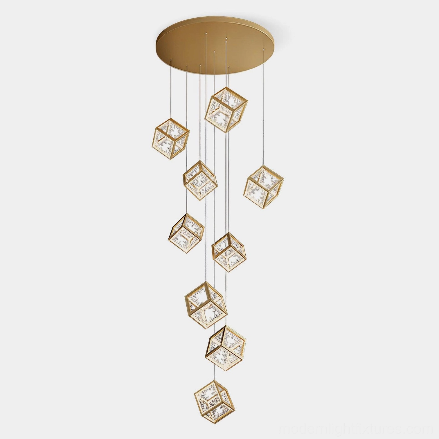 Gold cubic chandelier overhead studio view showcasing geometric cube arrangement and pristine gold finish