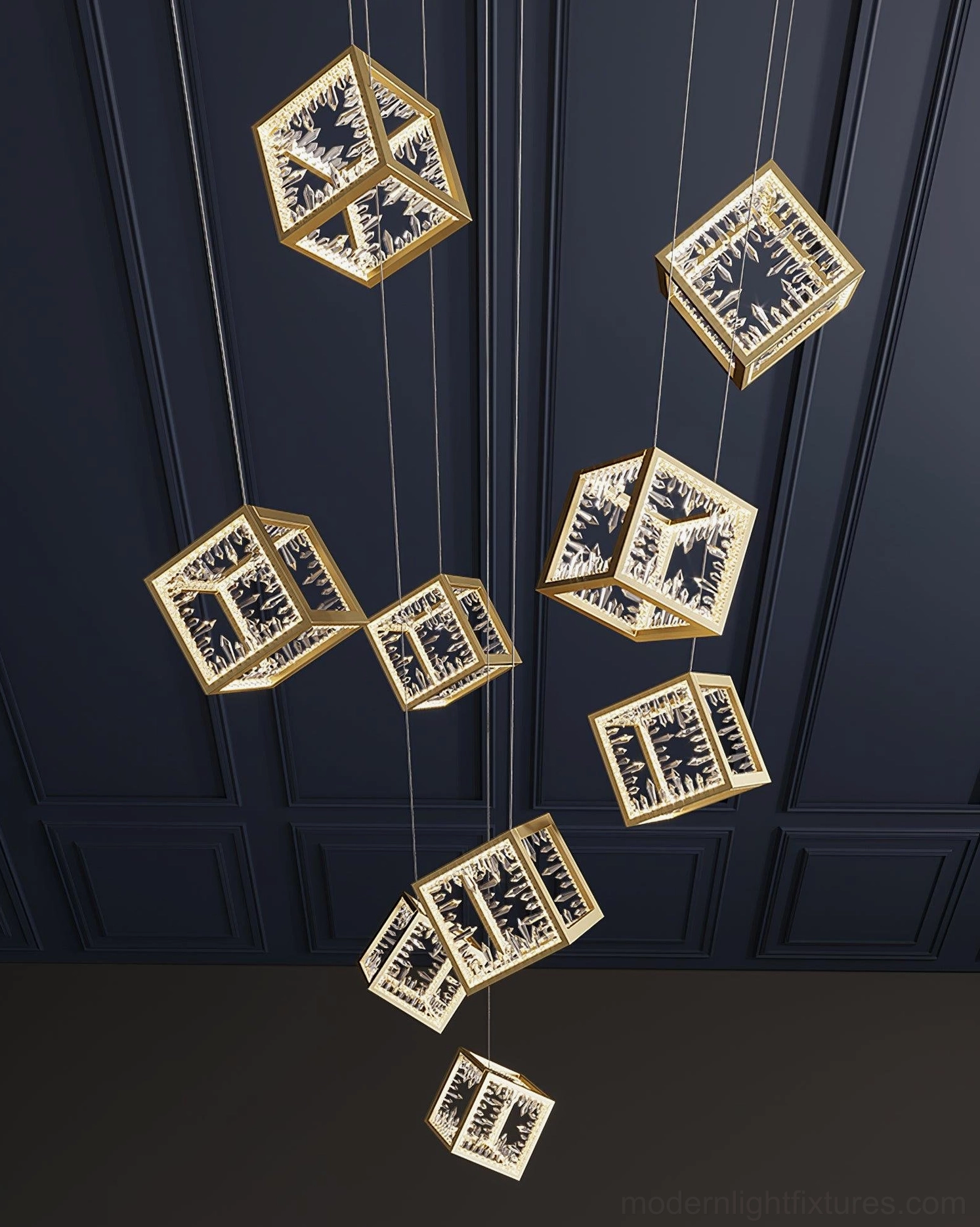 Gold cubic chandelier side perspective showing interlocking cube composition and light distribution