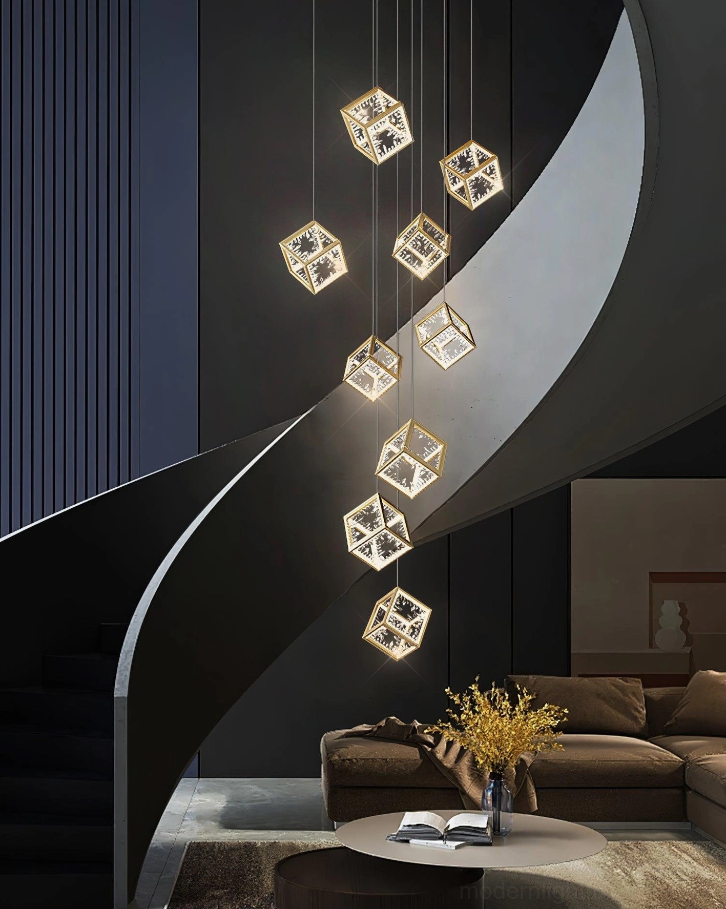 Gold cubic chandelier three-color changing light feature warm neutral and cool temperature options