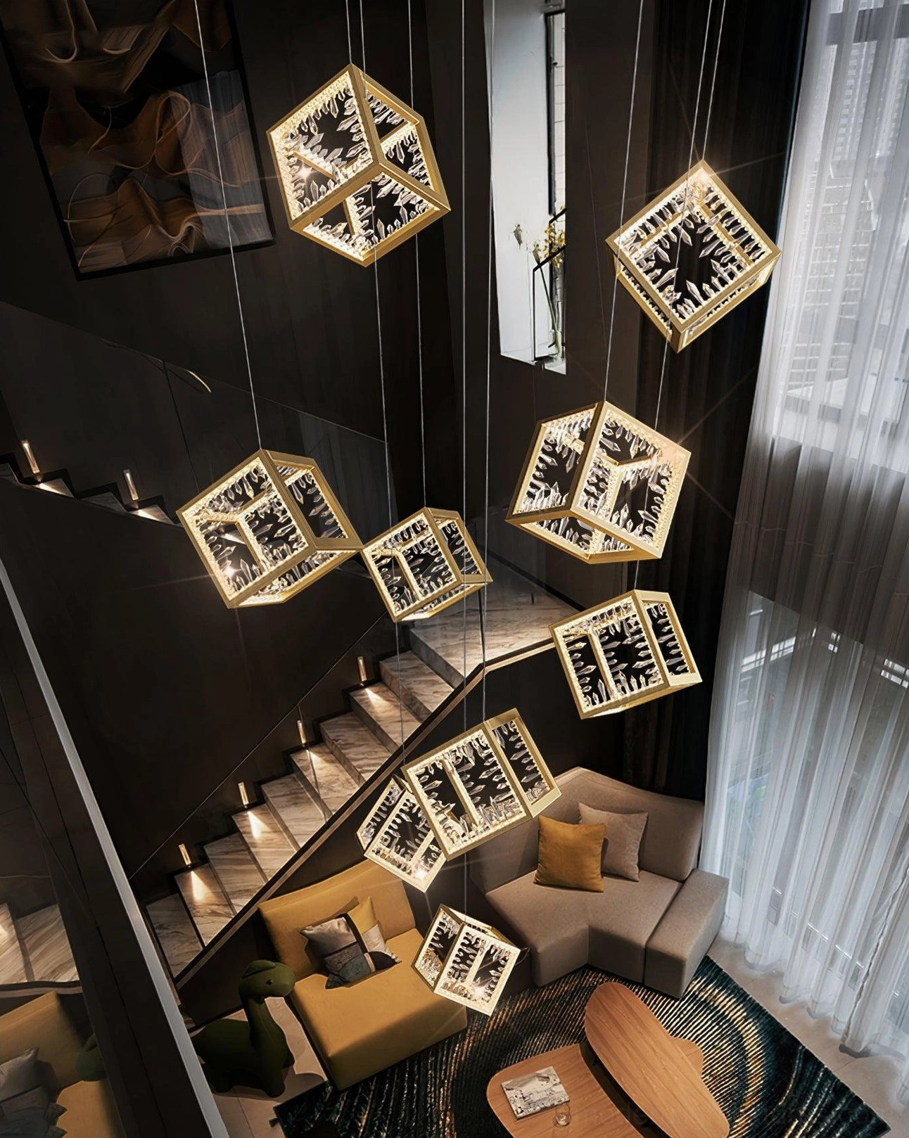 Gold cubic wall-mounted chandelier accent lighting in luxury interior design setting