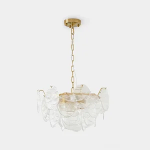 Gold disc Victorian glass chandelier with layered clear glass panels front view studio photography
