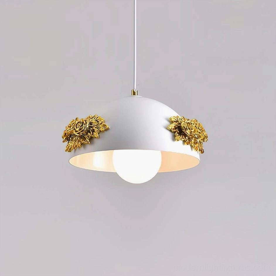 Gold finish floral pendant light with botanical rose details, acrylic dome shade, luxurious romantic lighting fixture