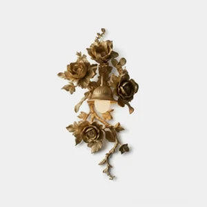 Elysia Bloom hand-carved gold floral wall sconce with sculptural roses and branch design, front studio view