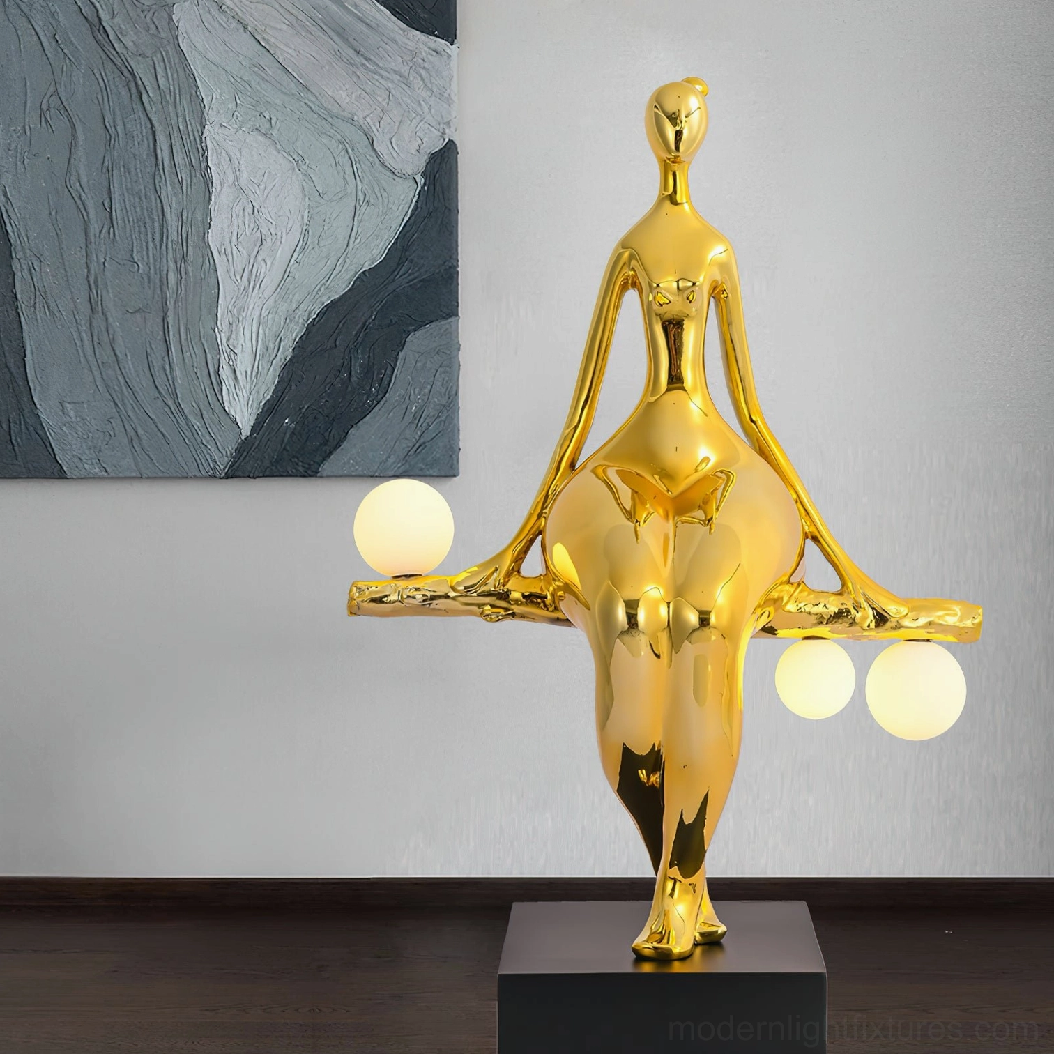 Gold polished resin human sculpture floor lamp with frosted orbs in minimalist living room, modern home lighting