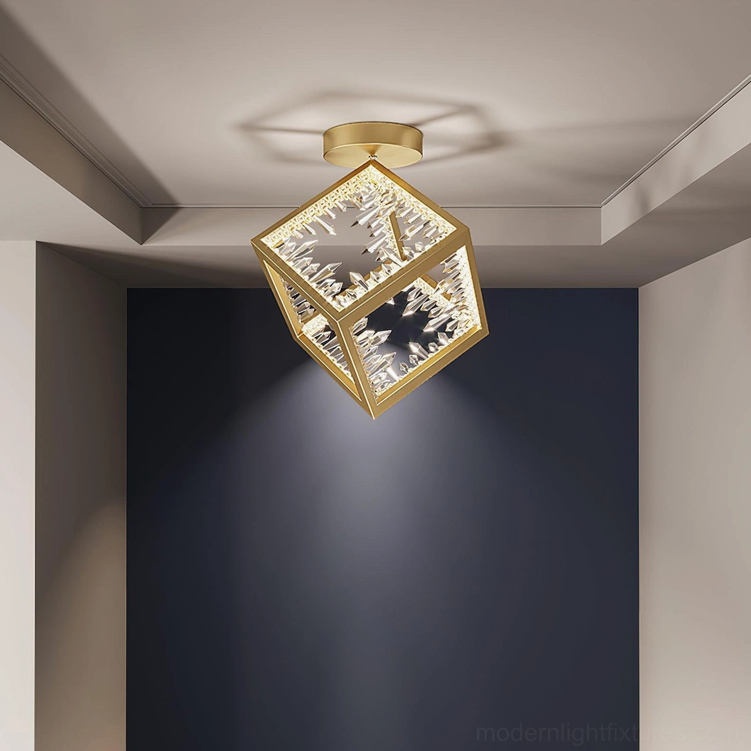 Gold Kristy cubic ceiling light fixture with carved crystal glass panels, luxury finish