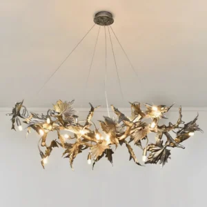 Gold leaf linear chandelier bottom-up hanging perspective showing illuminated G9 bulbs and organic foliate structure