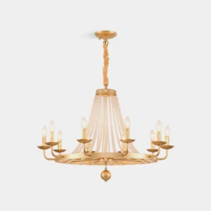 Gold Naples crystal beaded chandelier with clear crystal bead strands and candle-style bulbs on white background