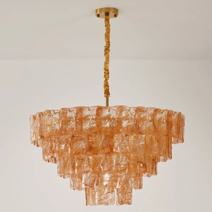 Gold and orange tiered glass chandelier large variant, modern sculptural pendant light, architectural tiered glass design