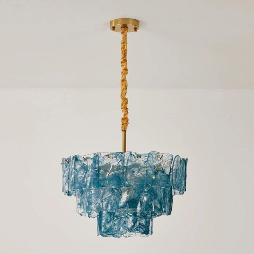 Gold and orange tiered glass chandelier small variant, 50cm diameter, modern pendant with geometric glass tiers and metal frame