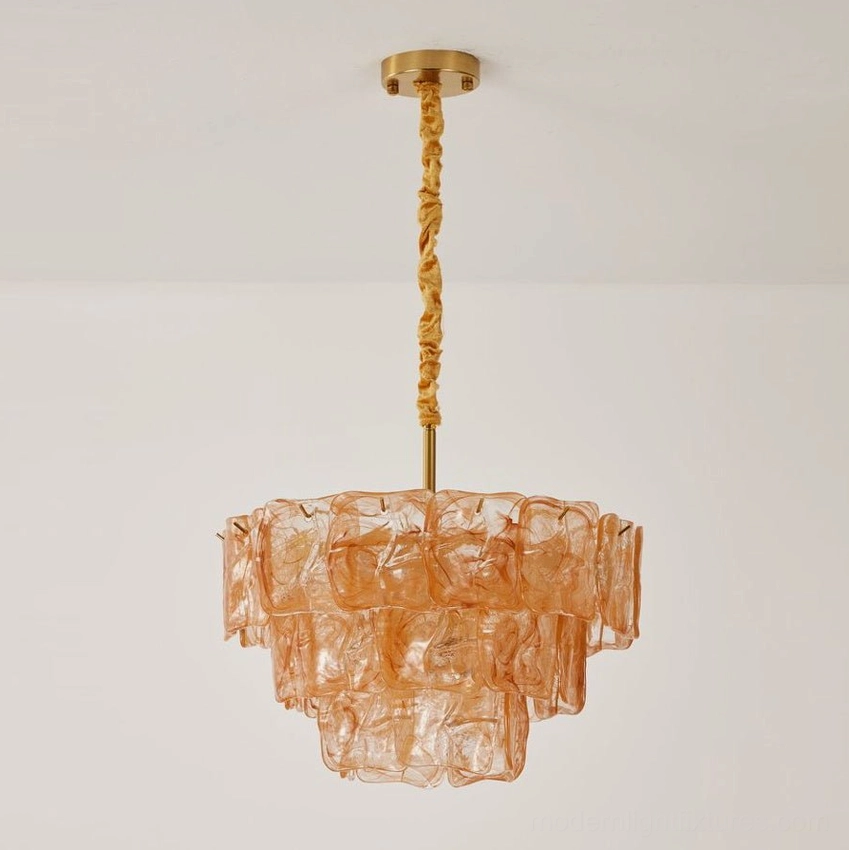 Gold and orange tiered glass chandelier small variant, 50cm diameter, modern pendant with warm metallic and orange glass tones