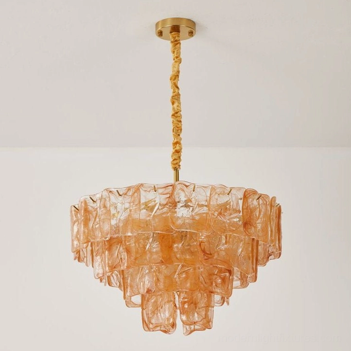 Gold and orange tiered glass chandelier large size, 80cm diameter, modern architectural pendant light fixture with contrasting metal and glass