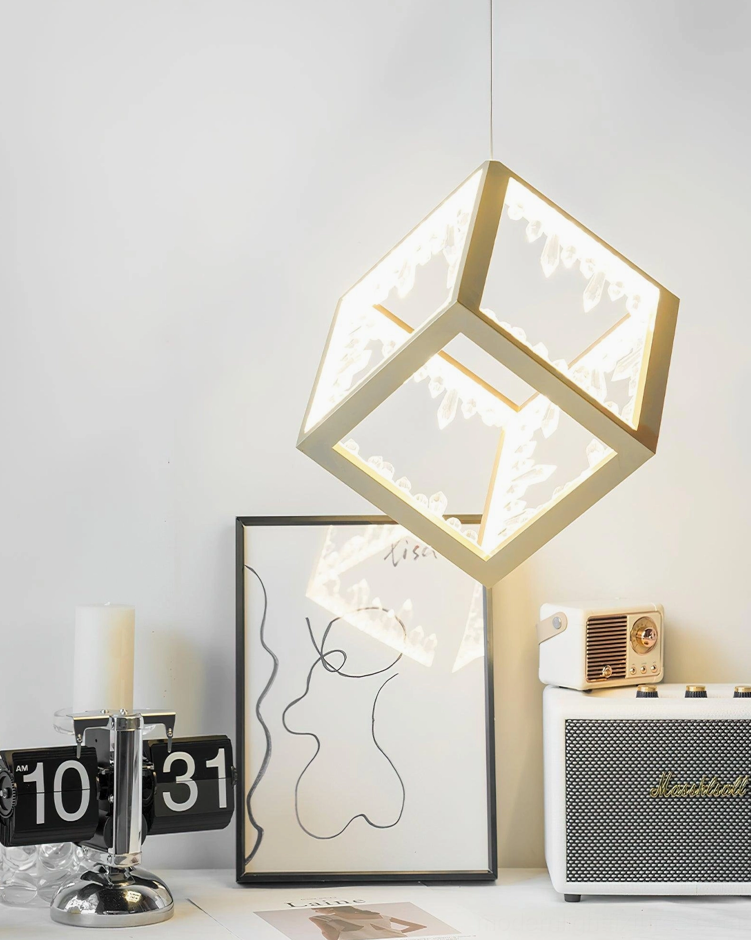 Gold Kristy pendant light installation detail showing adjustable wire and ceiling compatibility