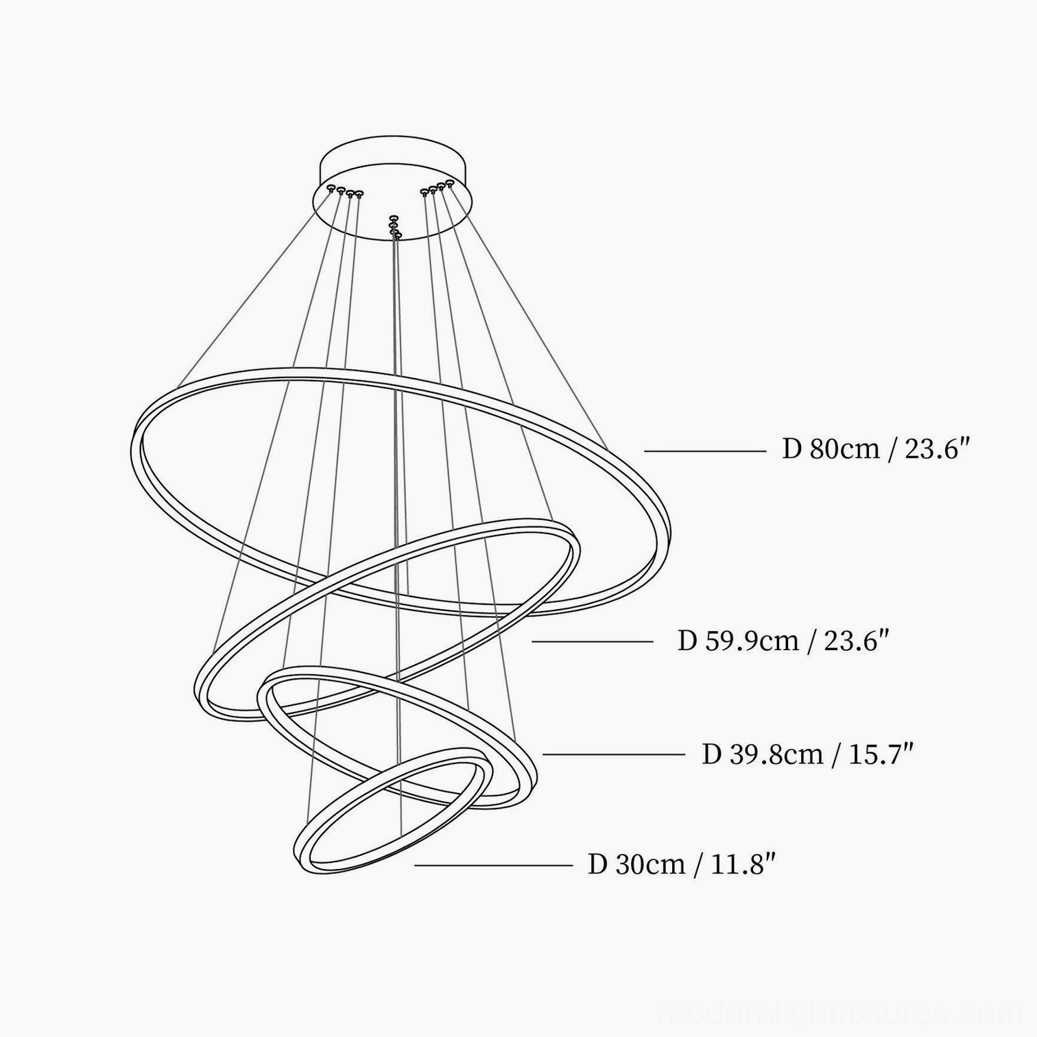 Modern ring chandelier technical drawing showing alternate 5 ring configuration with diameter measurements