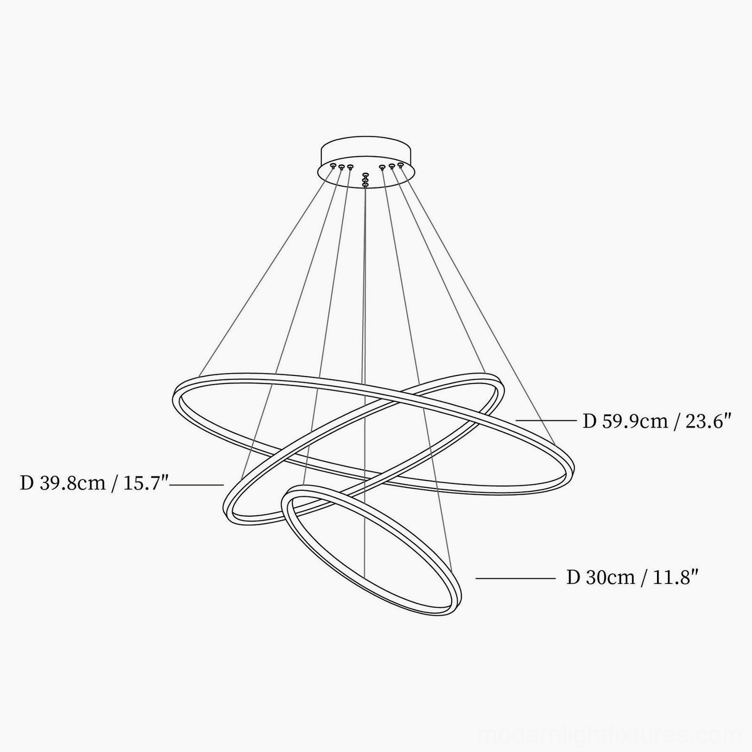 Gold ring chandelier technical schematic with 5 ring sizes from 30cm to 80cm diameter specifications