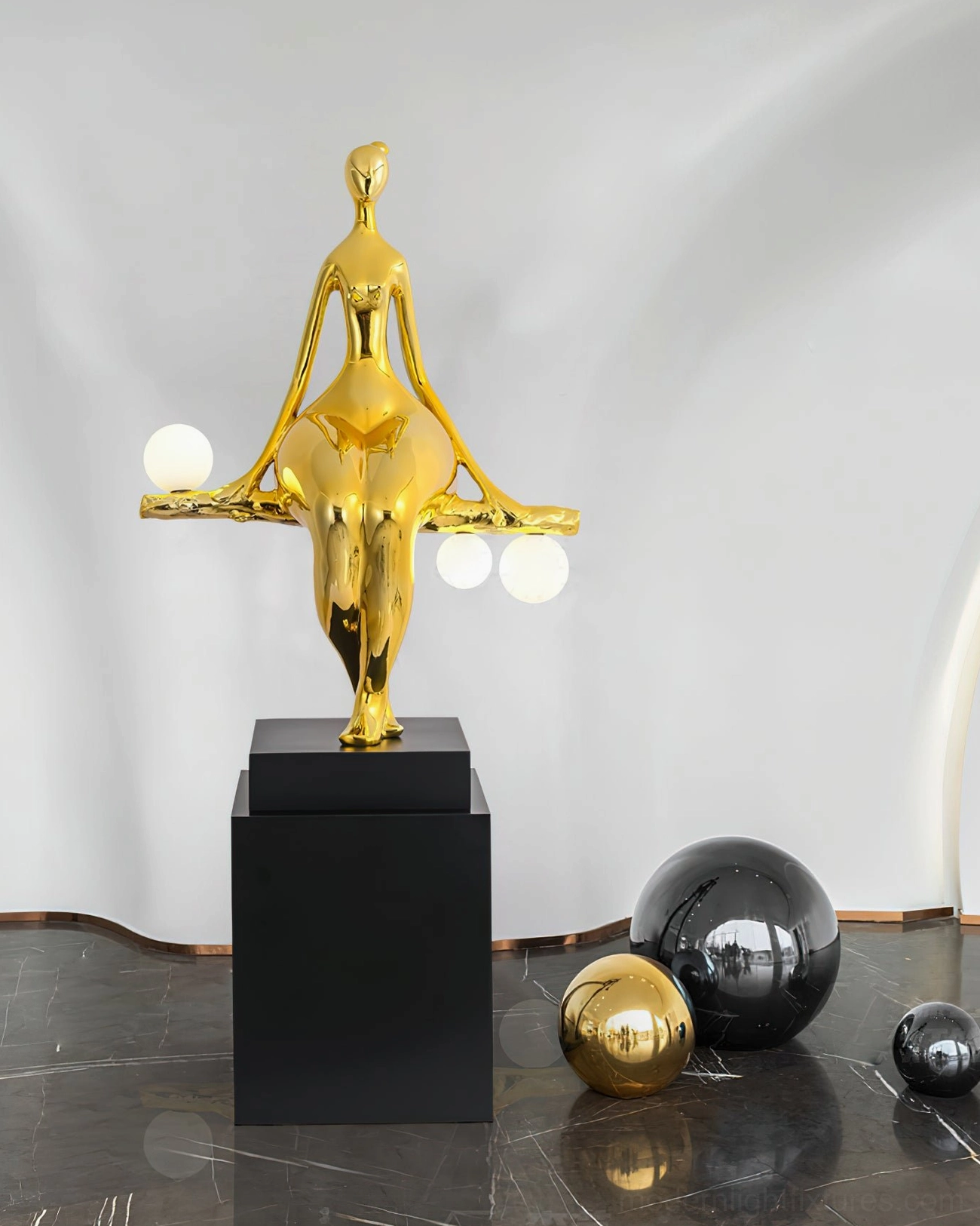 Gold polished human sculpture floor lamp with three frosted globe lights on marble floor, luxury modern home setting