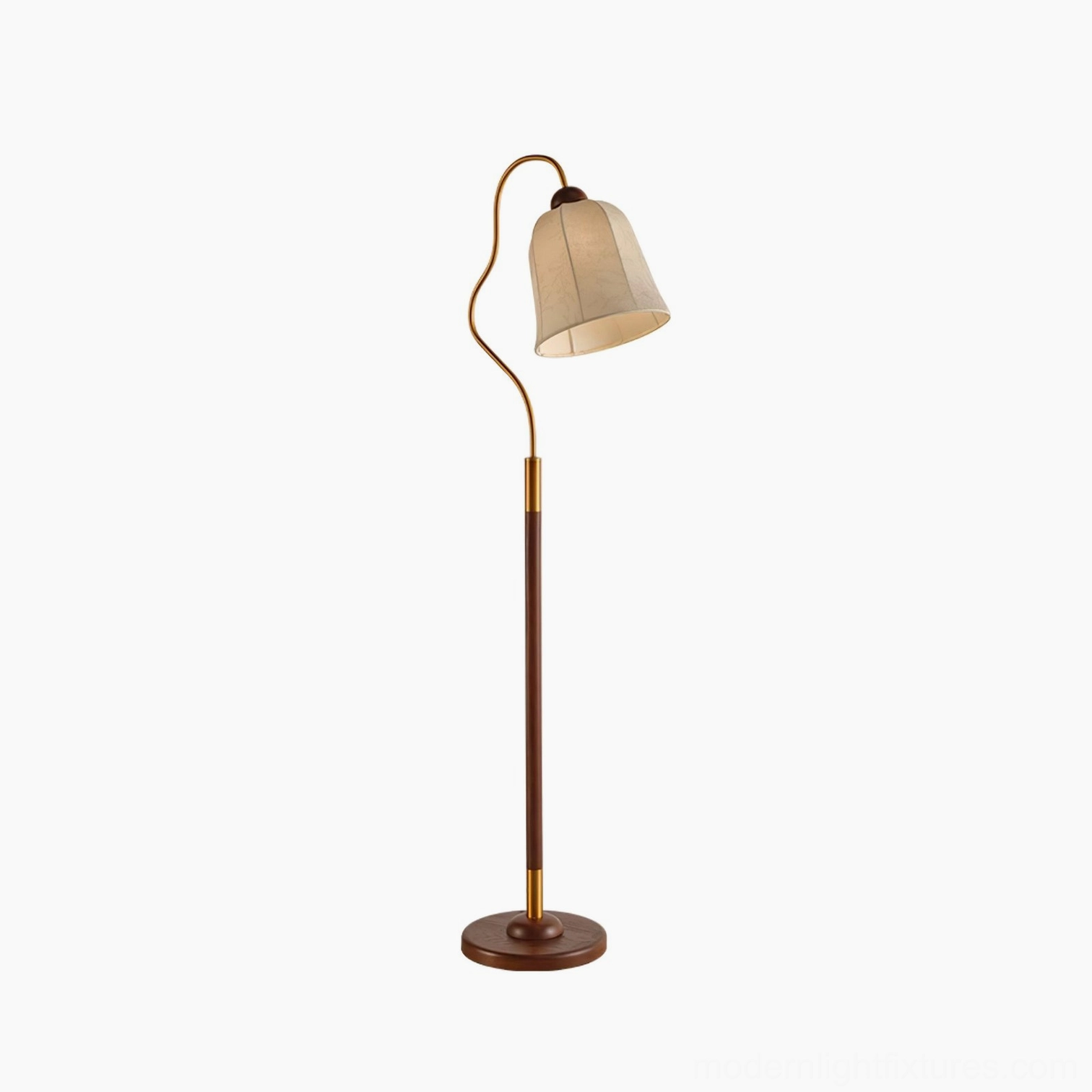 Gold-toned arc floor lamp with metal and wood construction in stylish contemporary living space