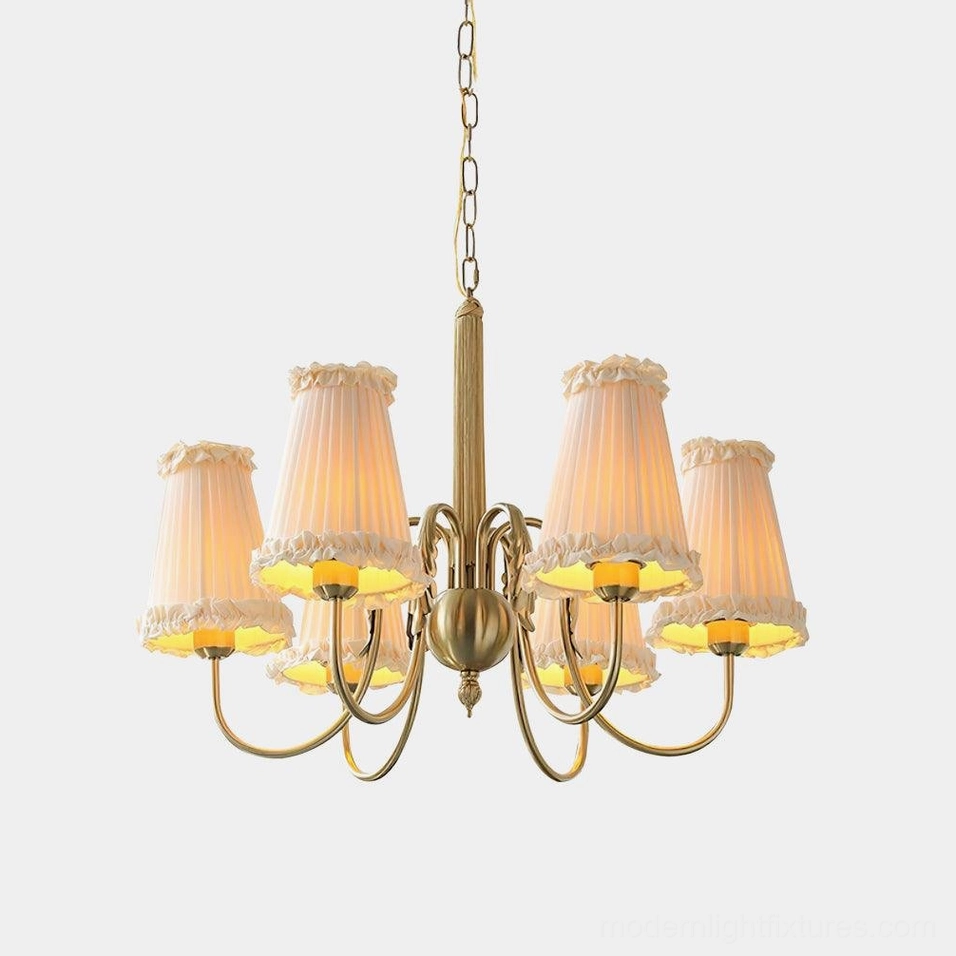 8-head gold vintage chandelier with pleated beige fabric shades front view