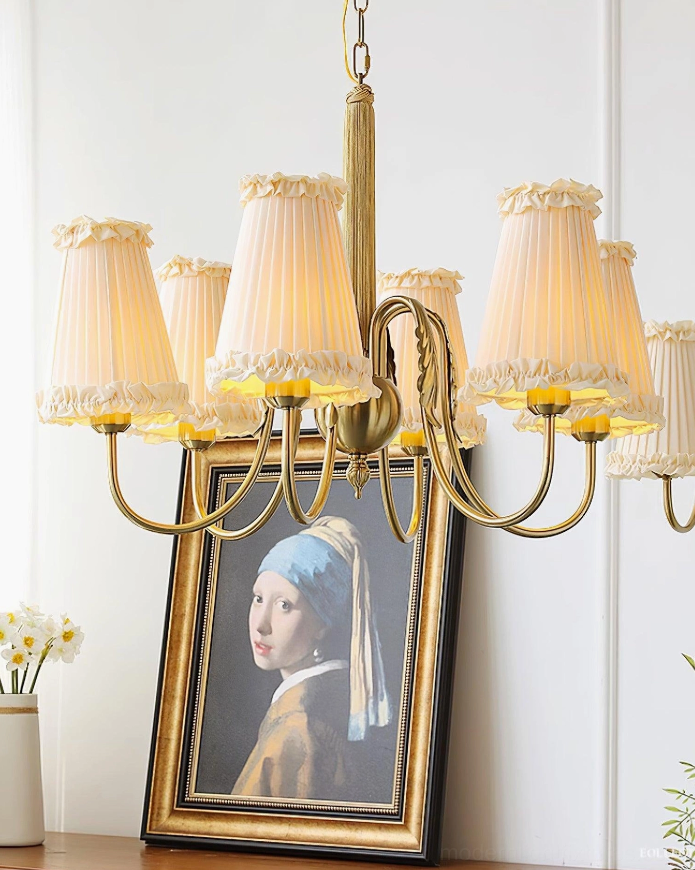 gold vintage multi-head chandelier fabric shade texture detail