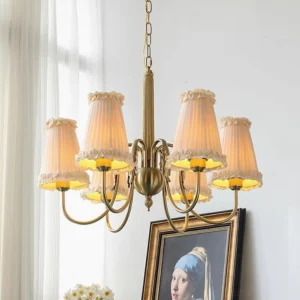 vintage multi-arm gold chandelier interior living room scene with warm lighting