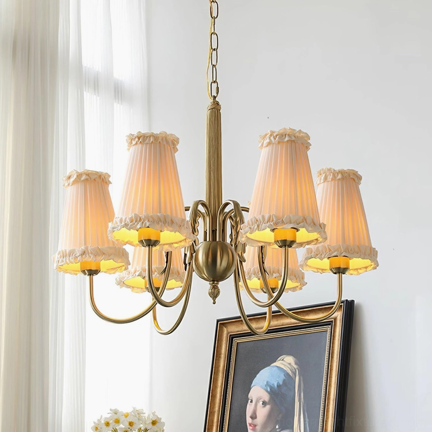 vintage multi-arm gold chandelier interior living room scene with warm lighting