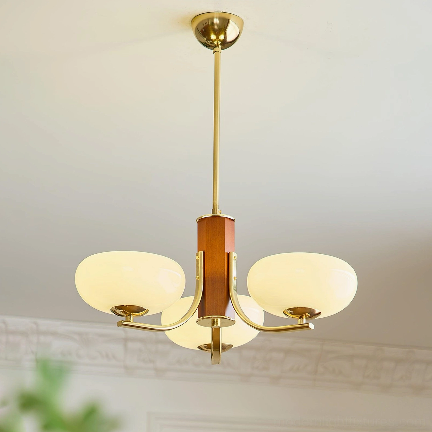 Gold and white Larenta Rico 3-head mid-century modern chandelier with brass metal frame and opal glass shades