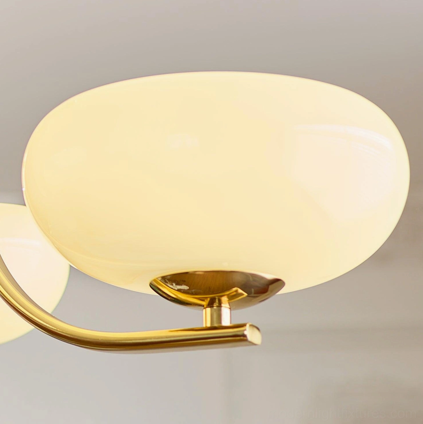 Gold and white Larenta Rico 3-head sputnik chandelier with brass arms, wood stem, and white glass shades