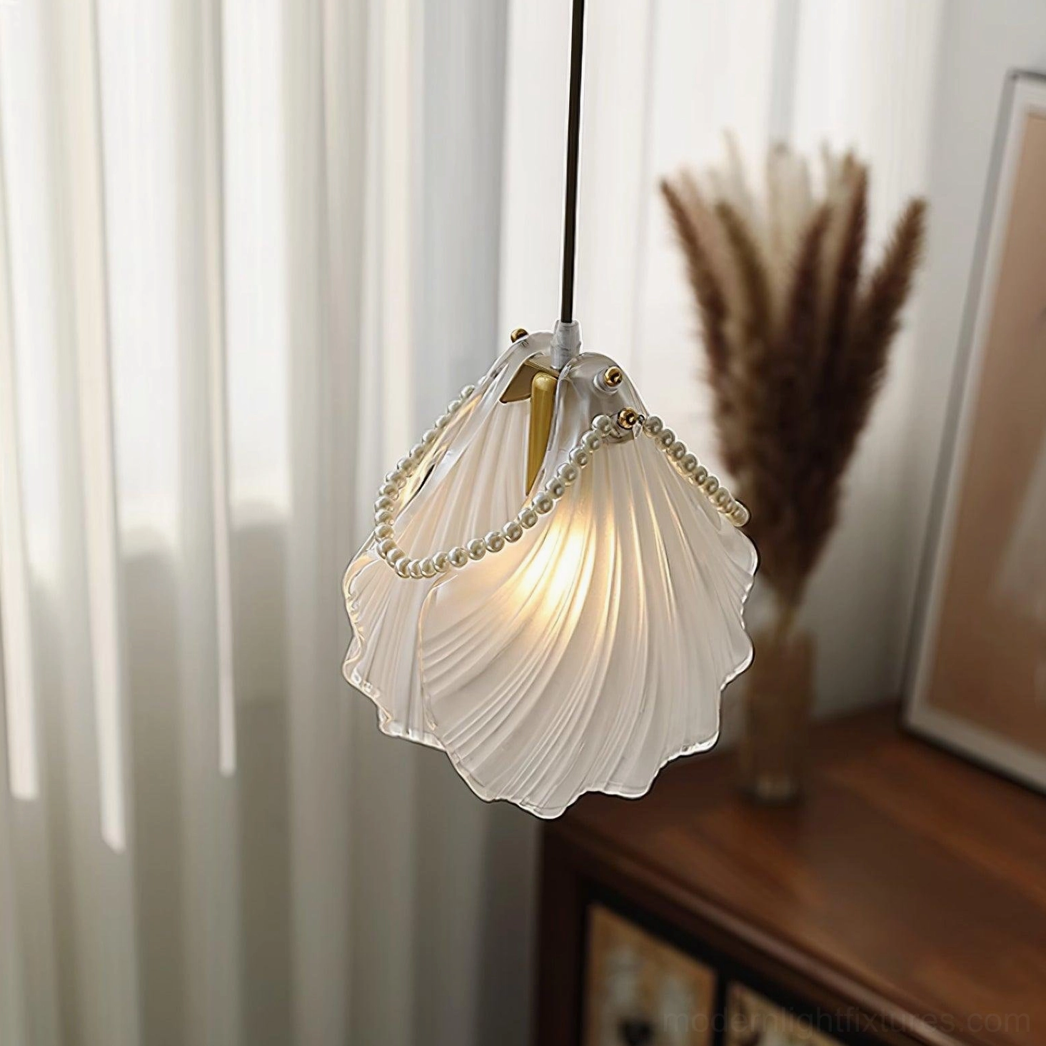 Gold and white pearl shell pendant light with frosted glass shade and bead trim details