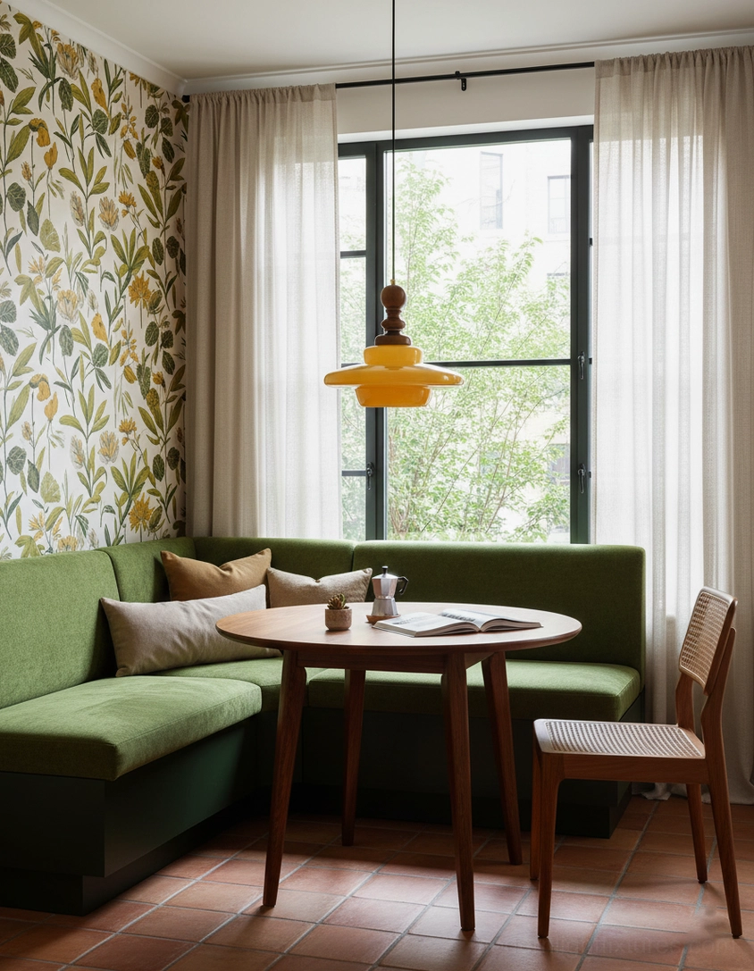 Mustard yellow pendant light fixture mounted in residential lounge with green velvet sofa and large windows, ambient warm lighting