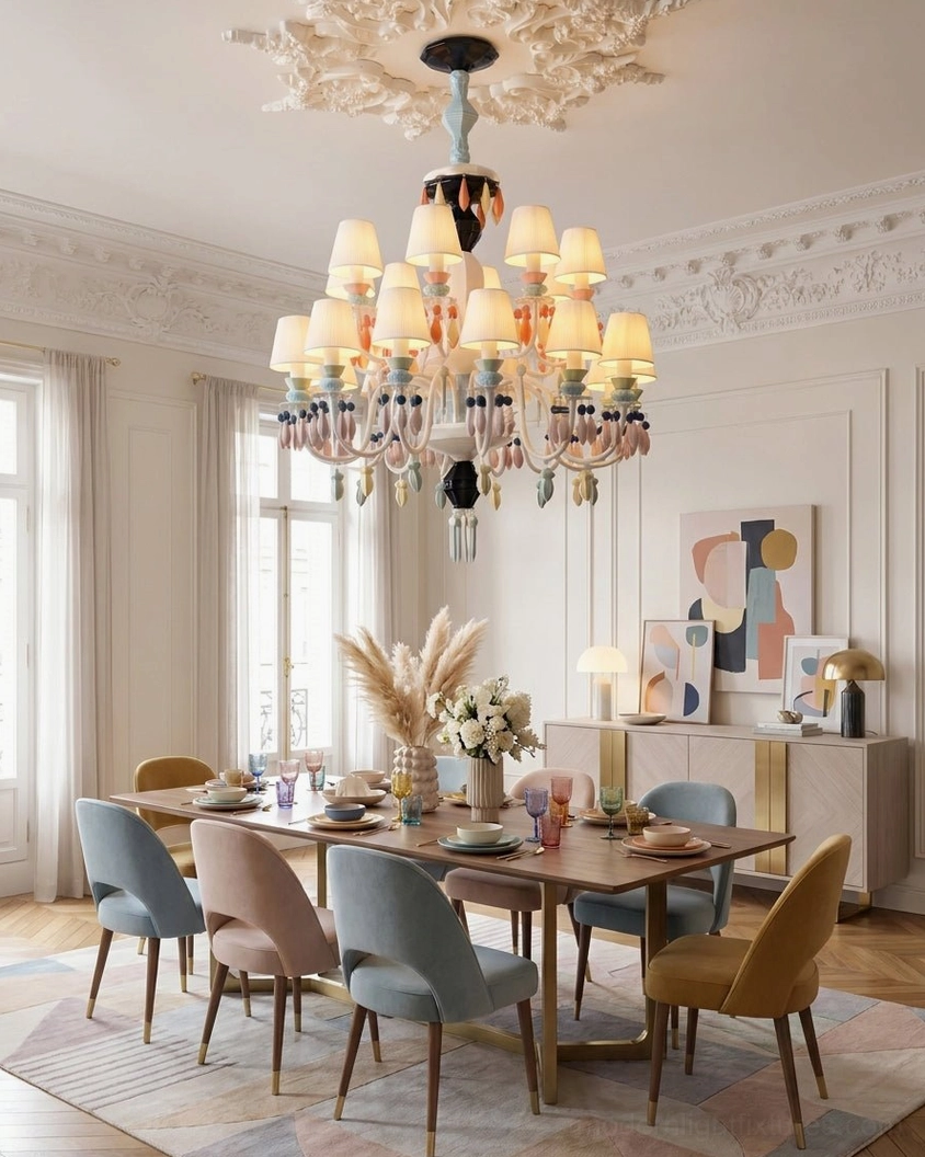 Golden crystal chandelier with warm frame and clear crystal trimmings in French formal dining setting