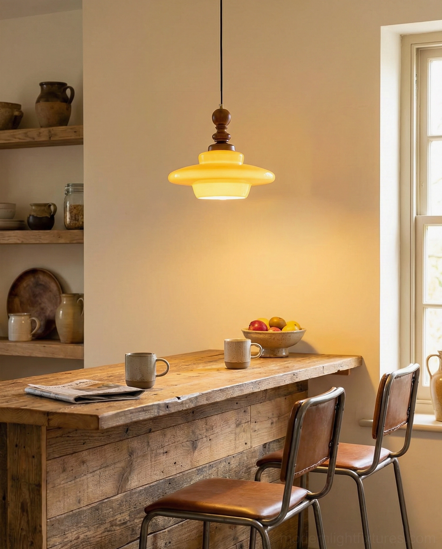 Mustard yellow glass pendant light hanging indoors, showing warm glow and mid-century modern aesthetic in home setting