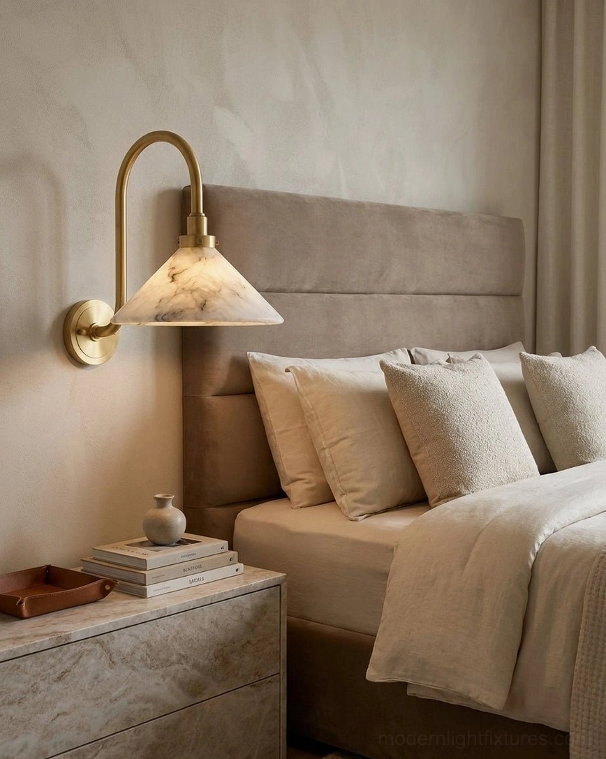 Lunelle gooseneck wall sconce mounted beside upholstered headboard in master bedroom