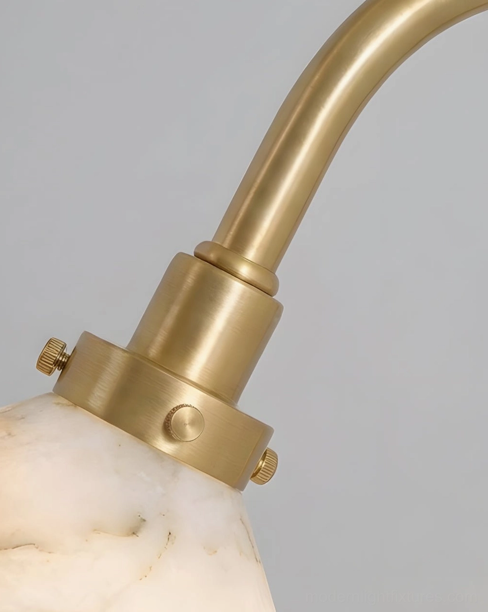 Lunelle gooseneck alabaster sconce warm light glow, natural stone veining illuminated from within