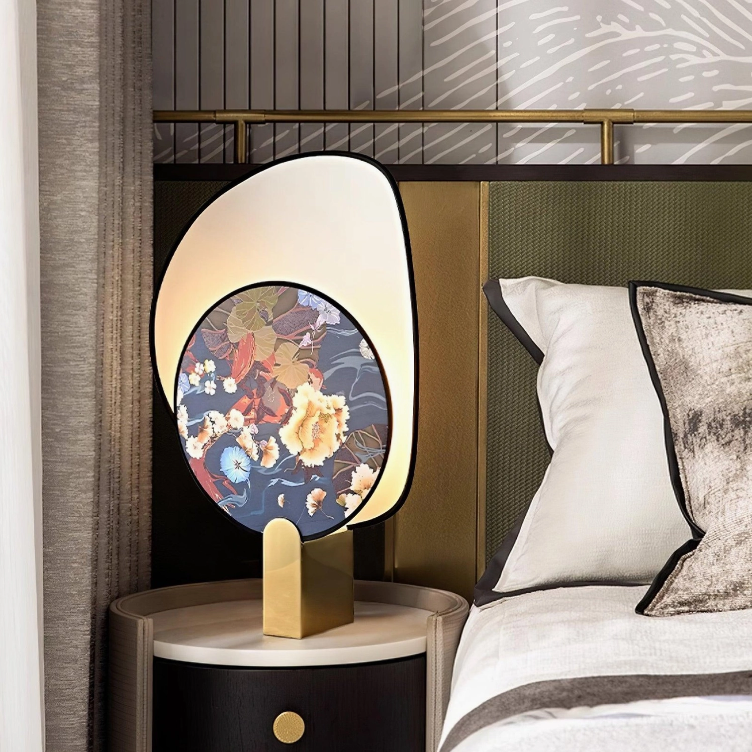 Gothic ravens flowers table lamp creating atmospheric mood lighting in dark interior environment