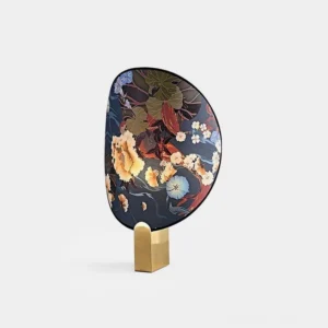 Gothic Ravens Flowers Brass Table Lamp with premium printed fabric shade in blue, front view studio display showing detailed floral gothic pattern