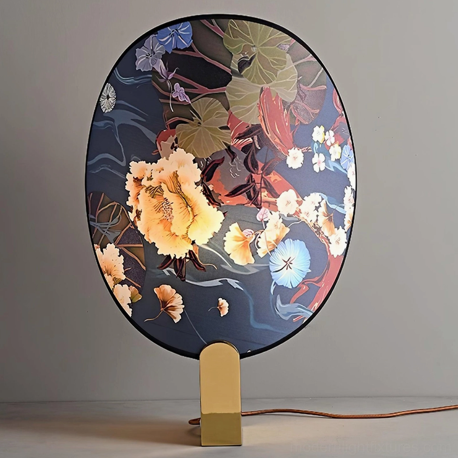 Full view of gothic ravens flowers table lamp with complete floral print visible and brass base detail