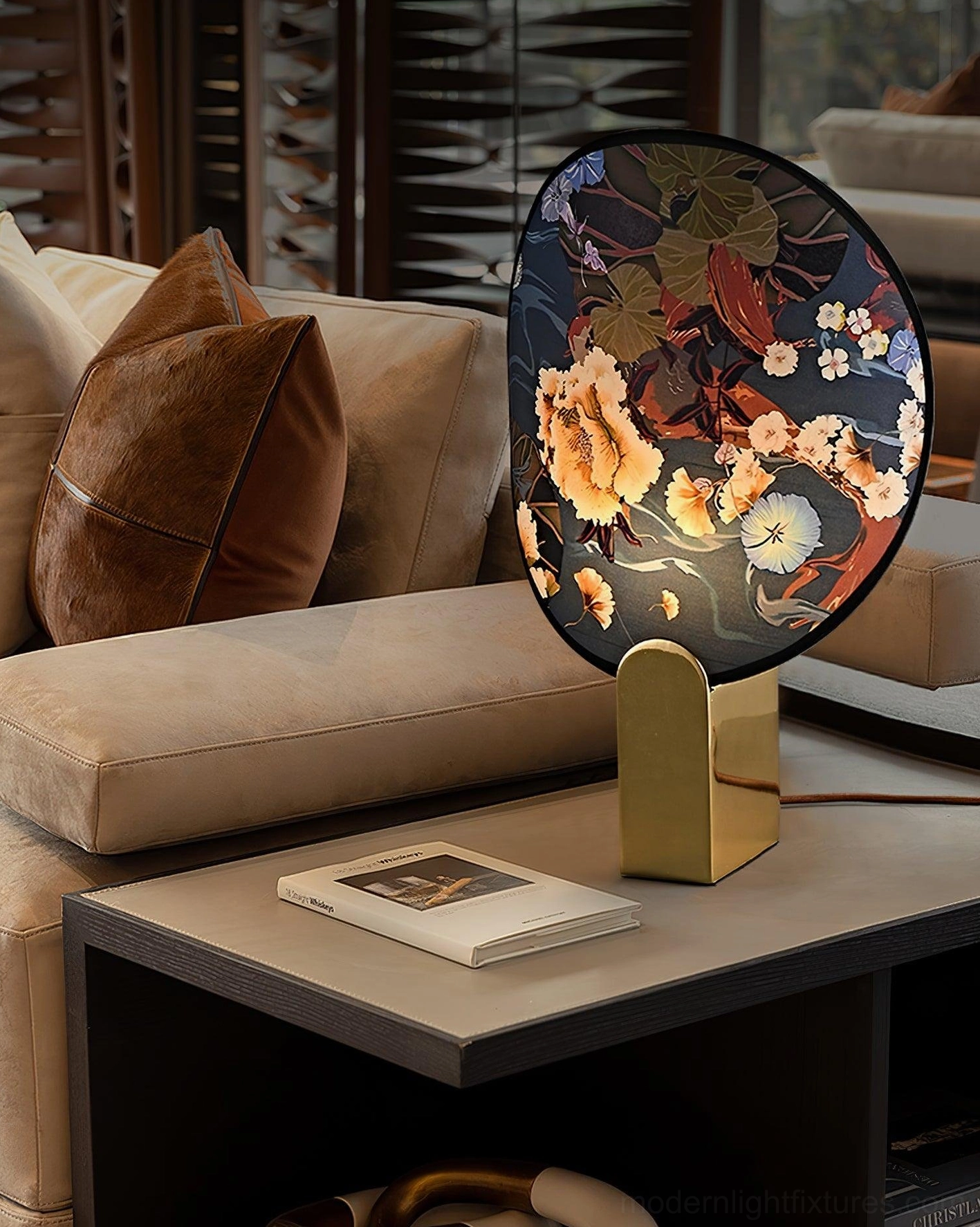 Gothic Ravens Flowers Table Lamp placed on side table in modern residential living room with sofa decor styling