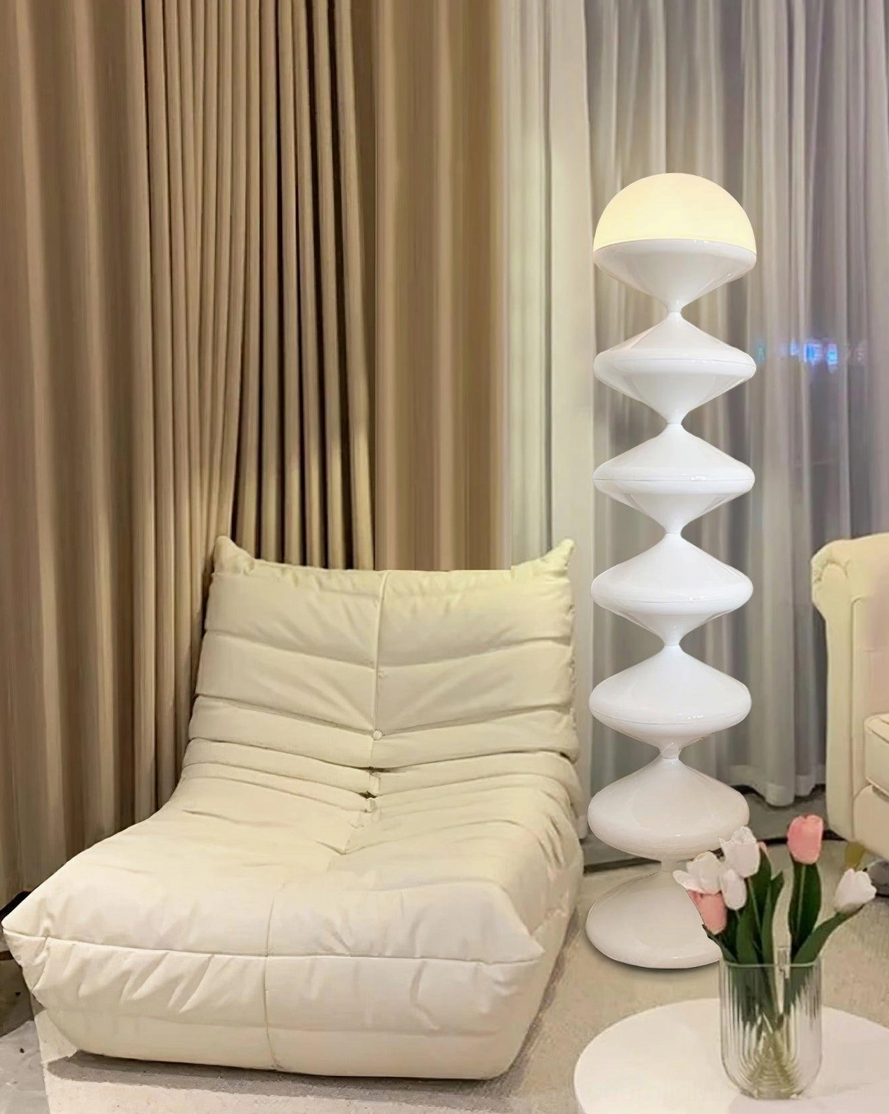Gourd floor lamp entryway placement creating focal point in luxury minimalist foyer design