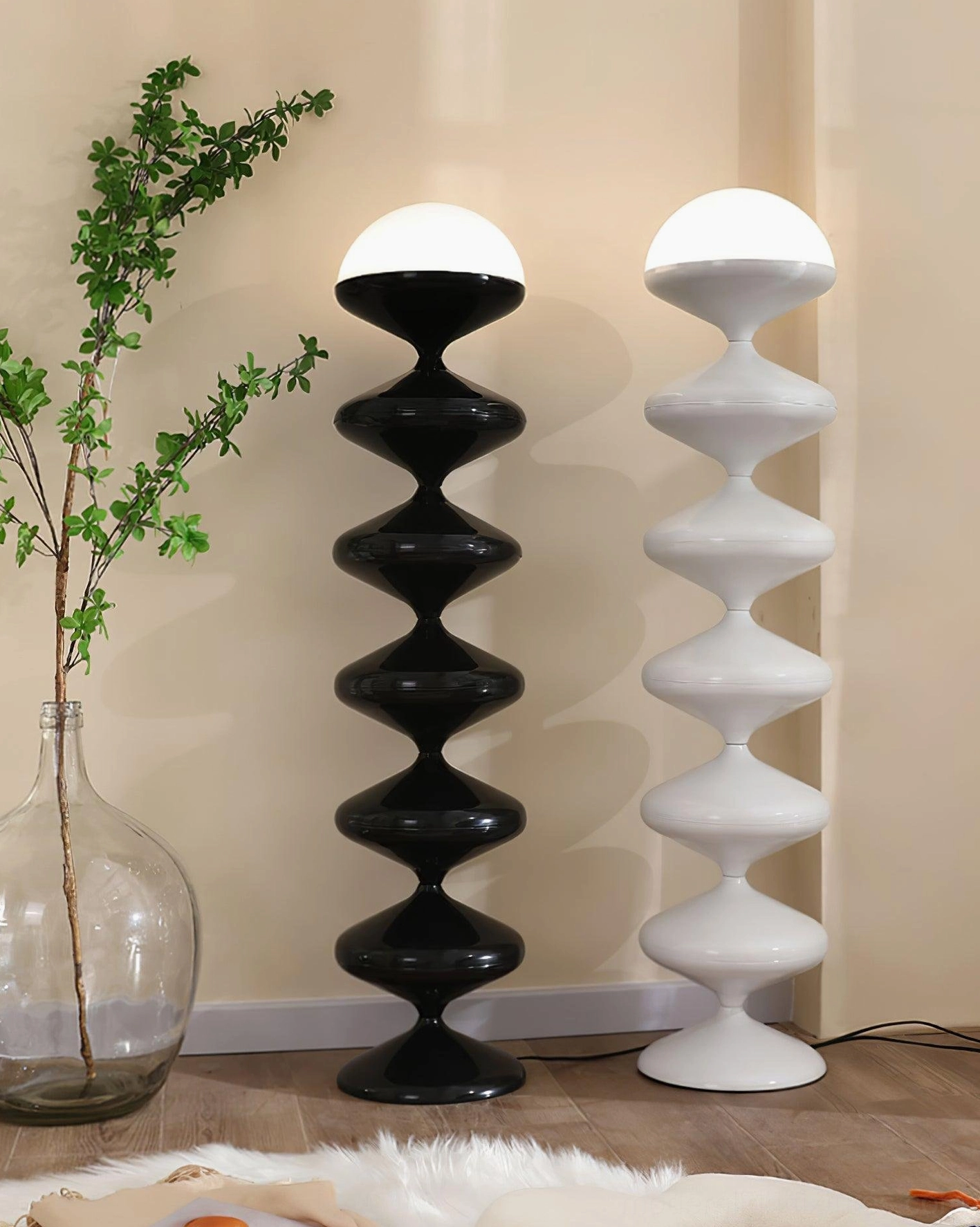 Gourd floor lamp next to sofa in contemporary living room with mid-century modern decor