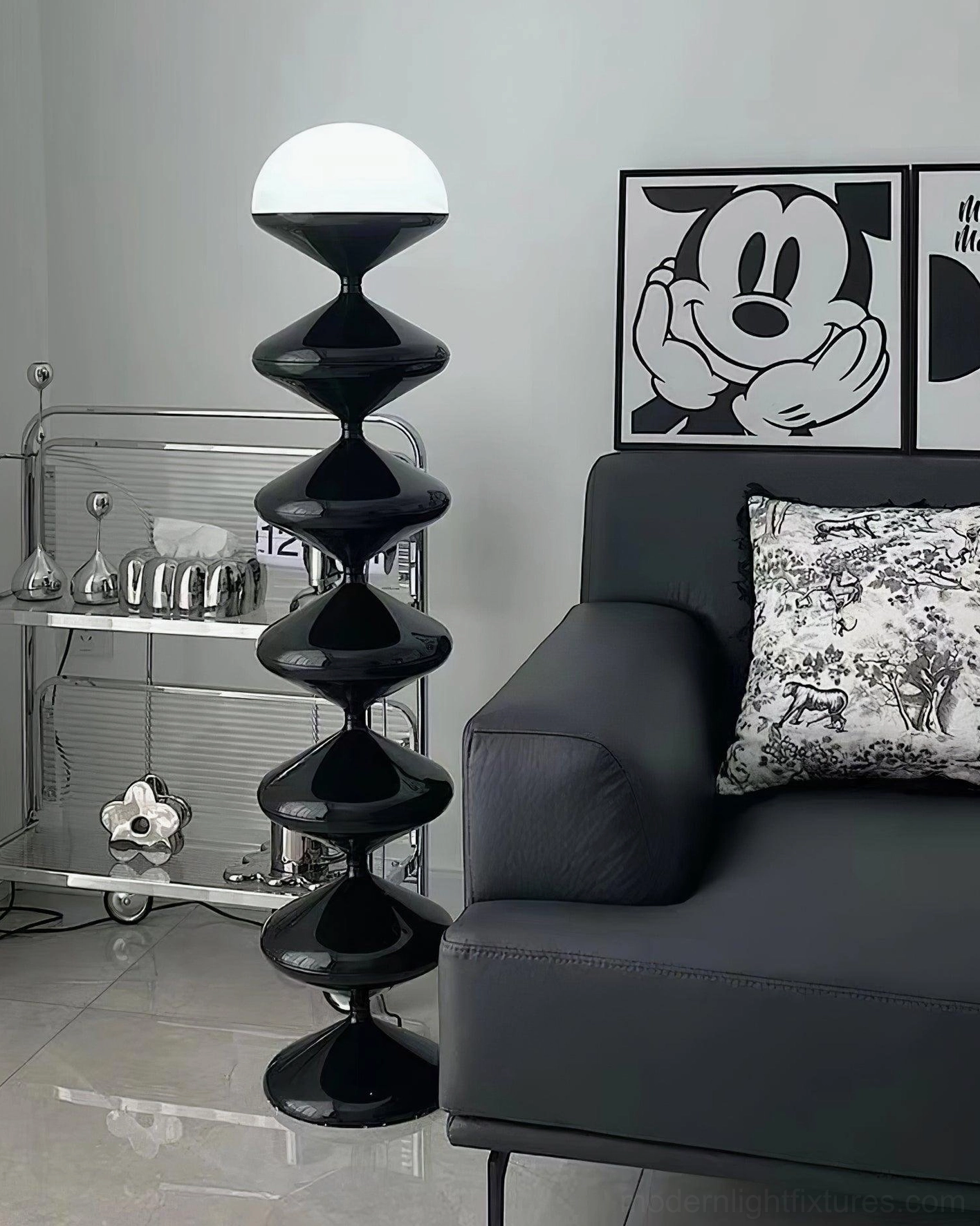 Gourd floor lamp in luxury living room setting with dark sofa and modern decor styling