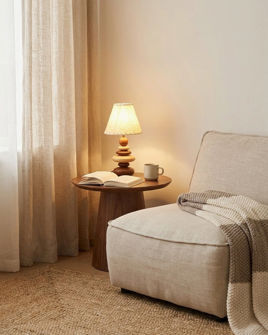Grainelle stacked wood lamp on small apartment lounge side table with linen sofa and striped knit textiles