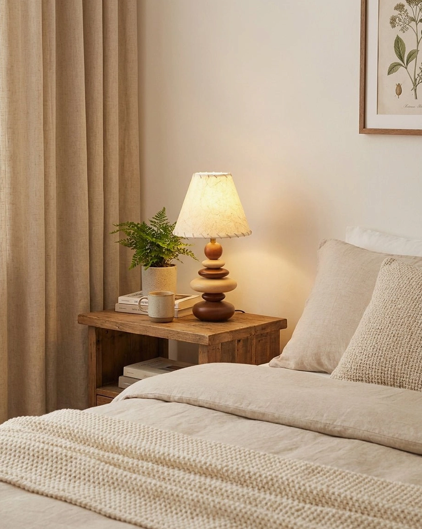 Grainelle wood table lamp on bedroom nightstand with potted plant and stacked books creating warm ambient lighting scene