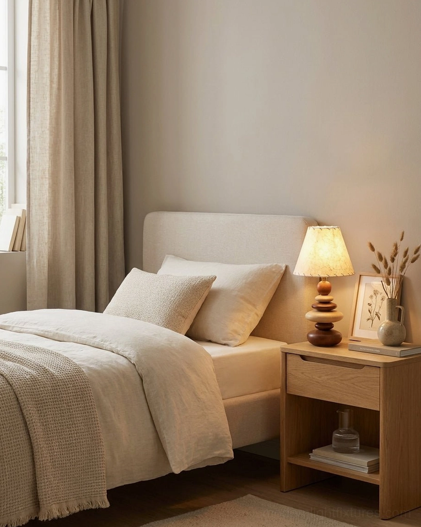 Grainelle table lamp casting warm light on primary bedroom nightstand with linen bedding and botanical framed wall art