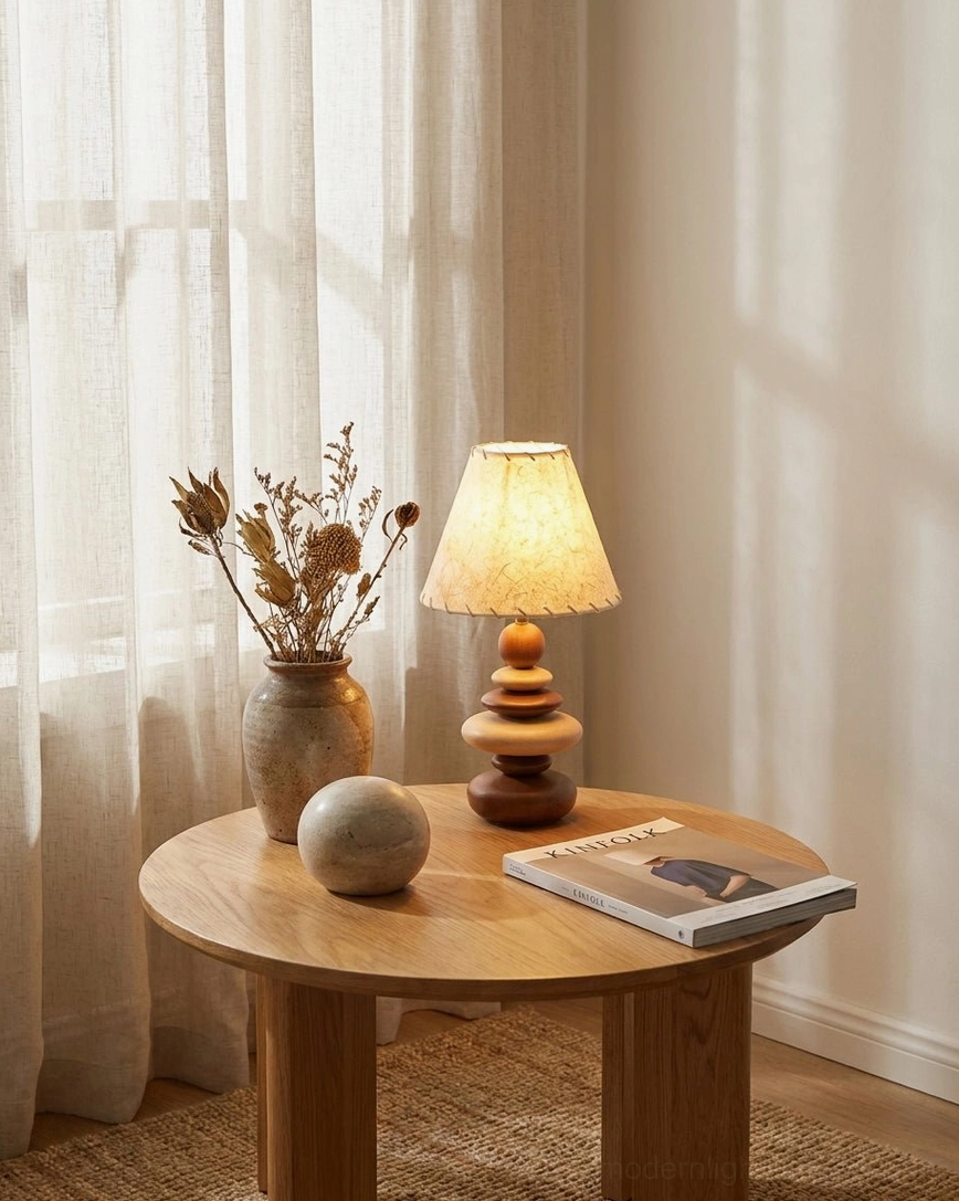 Grainelle stacked wood table lamp E27 socket and electrical connector detail showing bulb compatibility specifications