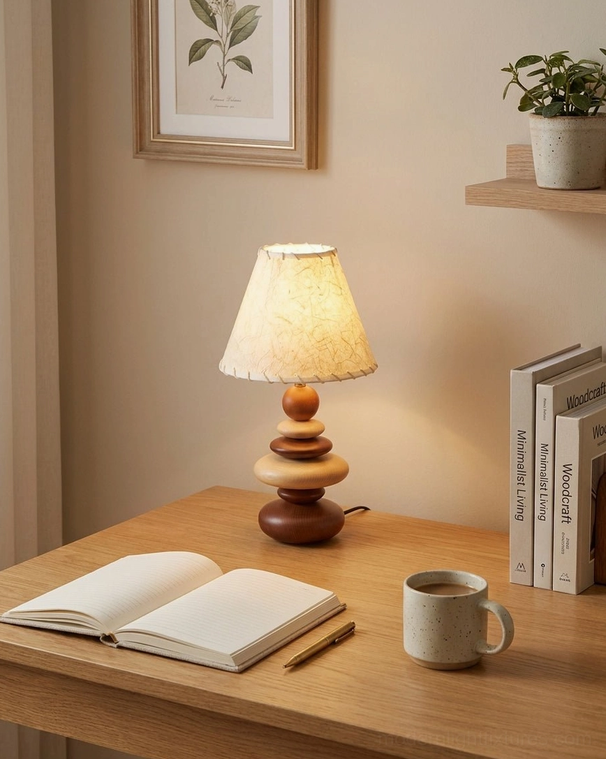 Grainelle stacked wood lamp on home study desk with open notebook, coffee mug, and decorative books creating productive workspace