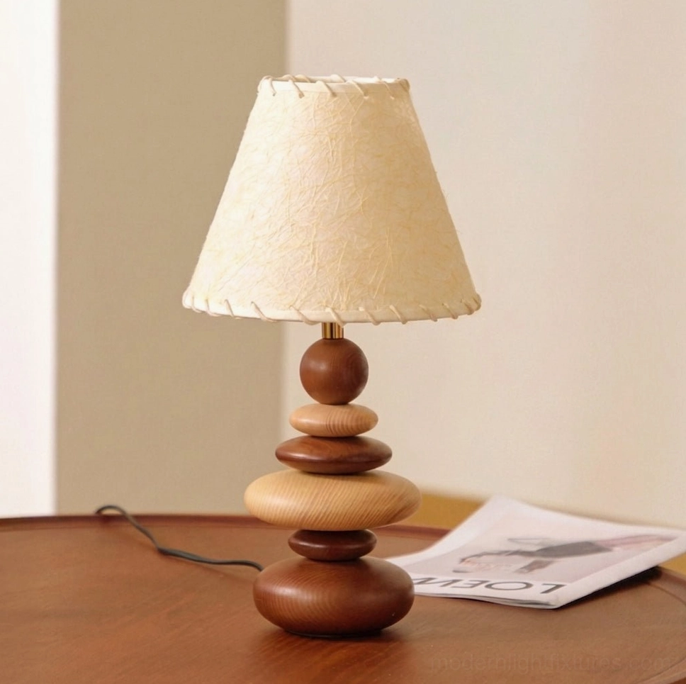 Grainelle stacked wood table lamp walnut color beige linen shade multiple regional plug options US UK EU AU certified